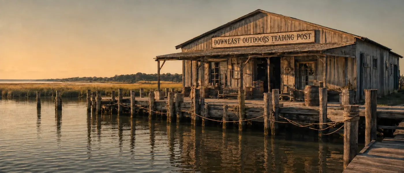 DownEast Outdoors Trading Post, a weathered dockside store on the marsh at golden hour